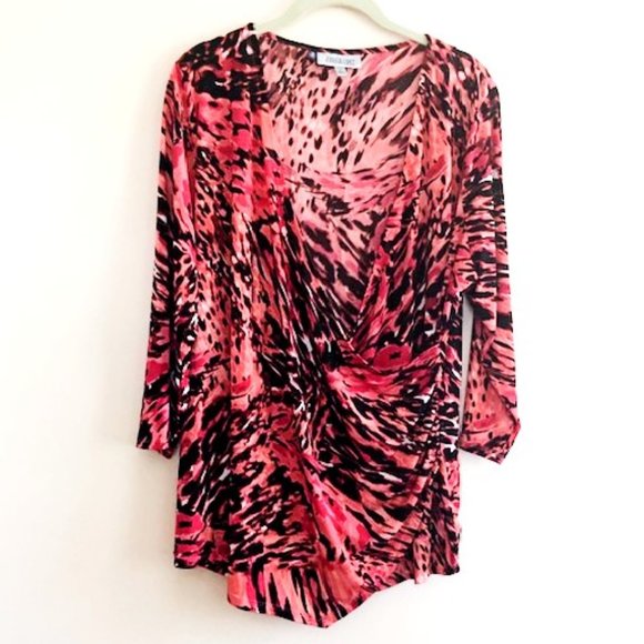 Jennifer Lopez Plus 1X Wrap Animal Print Coral Fuchsia Ruched Surplice Blouse - Picture 4 of 16